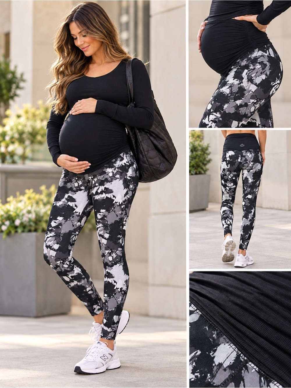 Beyond Yoga Beyond The Bump Maternity Leggings Small Black Grey Abstract Printed